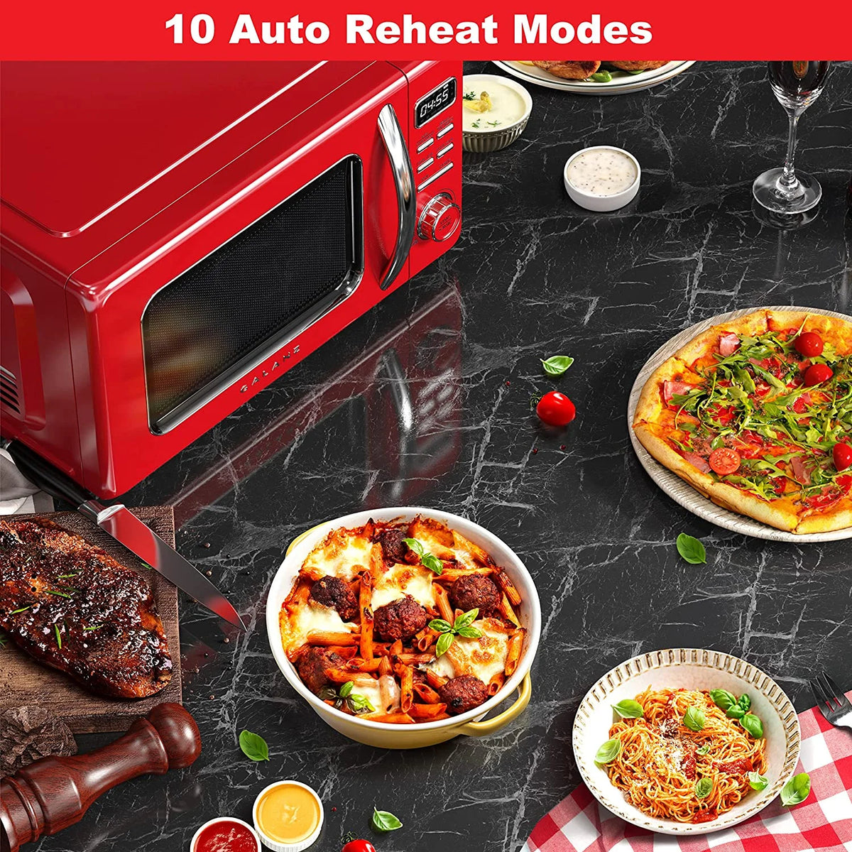 Four à micro-ondes rétro de comptoir Galanz GLCMKZ09RDR09 avec fonctions de cuisson automatique et de réchauffage, décongélation et démarrage rapide, nettoyage facile avec plateau tournant en verre, poignée escamotable, 0,9 pi³, rouge
