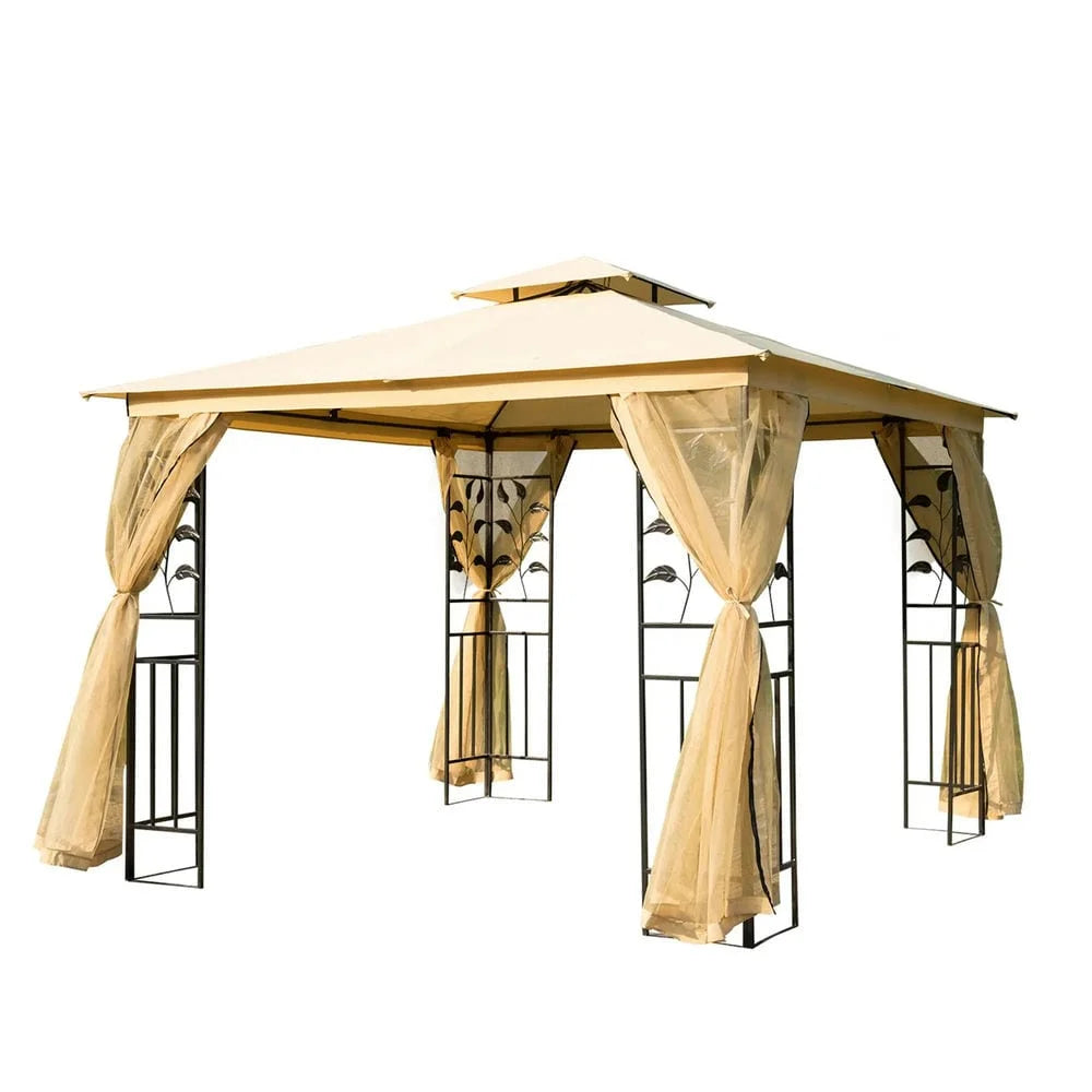 GVN Pergola de jardin pour terrasse, Auvent de pergola, Abri de jardin extérieur avec double toit de 10' x 10' et filet, Beige