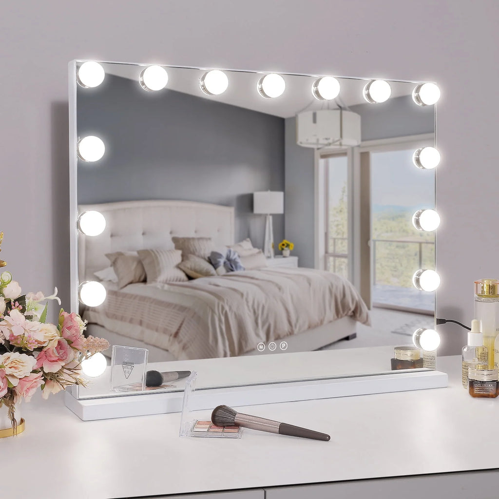 COOLJEEN Grand miroir de courtoisie Hollywood avec éclairage, fixation murale ou sur table, métal blanc