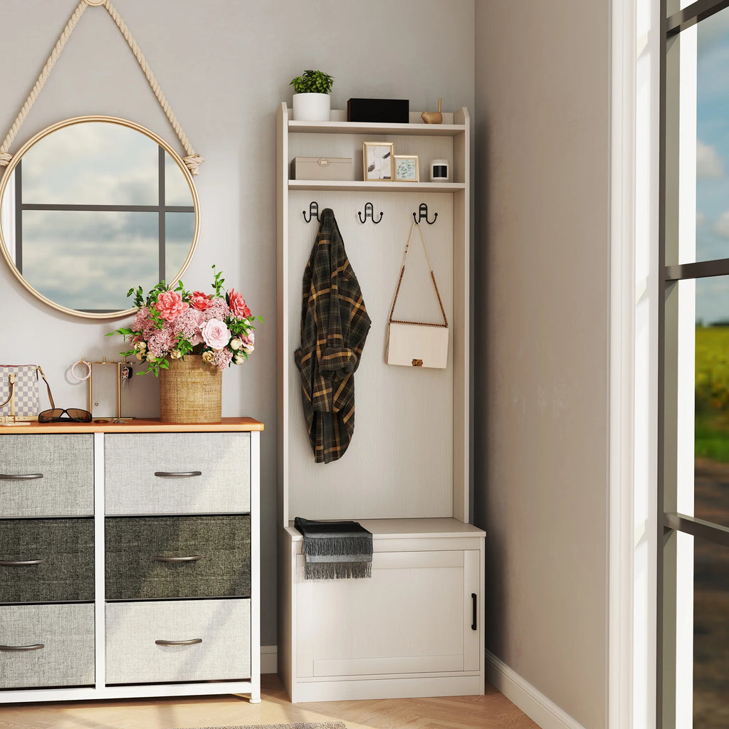HOMCOM Vestiaire d’entrée rustique avec banc de rangement pour chaussures, banc d’entrée avec porte-manteau, porte-manteau décoratif avec étagères de rangement pour couloir ou entrée, blanc