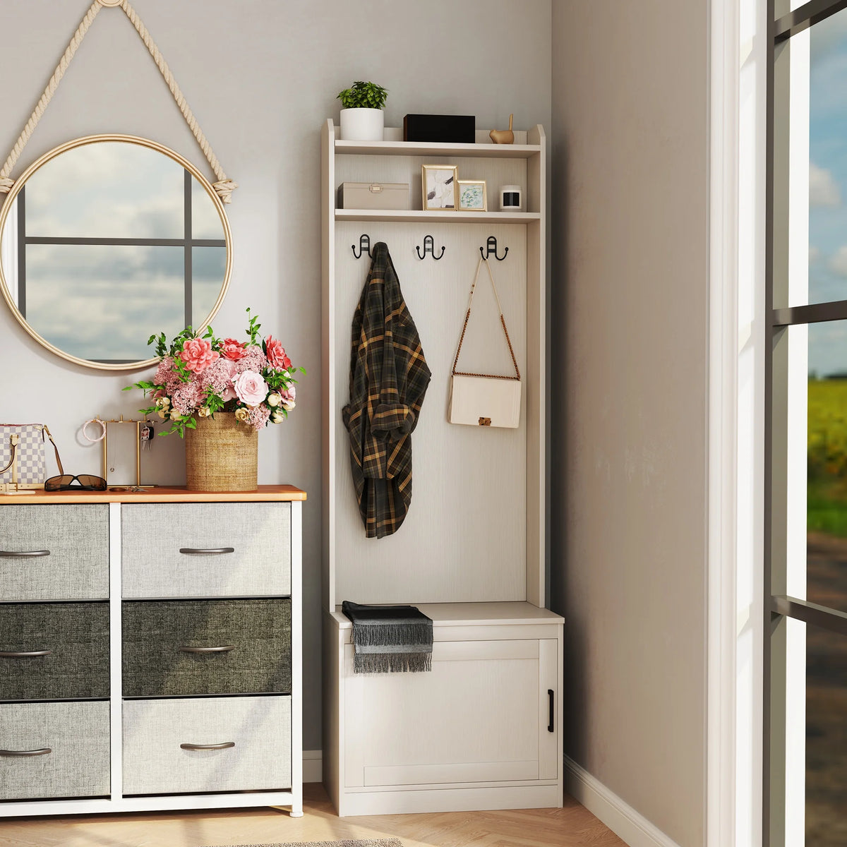 HOMCOM Vestiaire d’entrée rustique avec banc de rangement pour chaussures, banc d’entrée avec porte-manteau, porte-manteau décoratif avec étagères de rangement pour couloir ou entrée, blanc