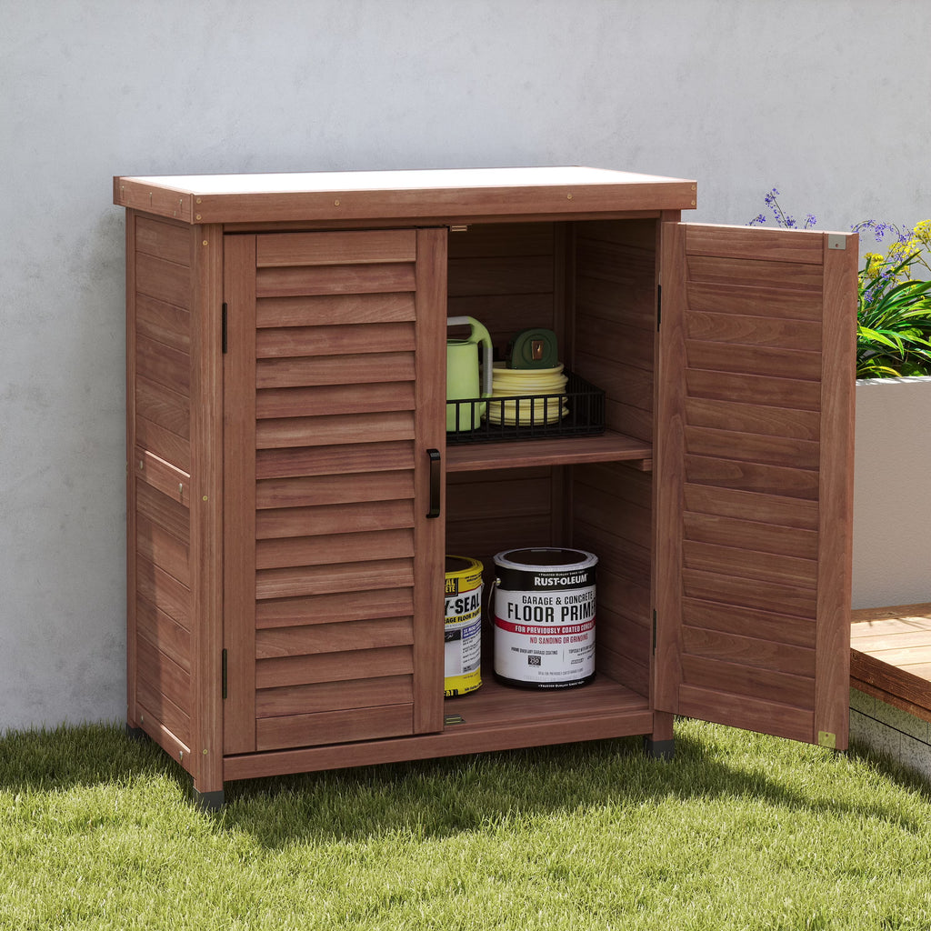 Armoire de rangement en bois d’extérieur et table de rempotage Funnil, mobilier de patio en bois résistant aux intempéries, poste de travail de jardin