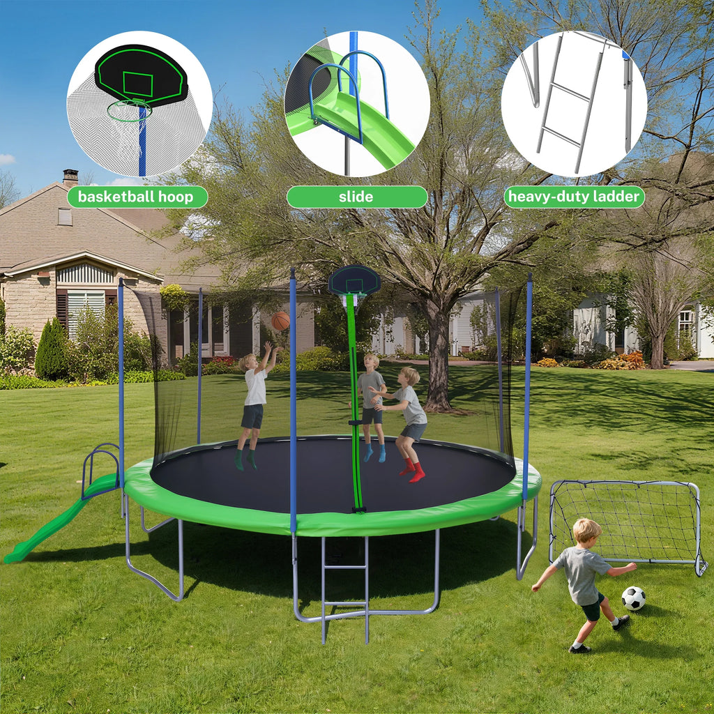 Trampoline de 12 pieds avec toboggan, balançoires, trampoline récréatif SEGMART avec panier de basket et échelle, trampoline d’extérieur robuste pour jardin avec filet pour enfants et adultes, vert