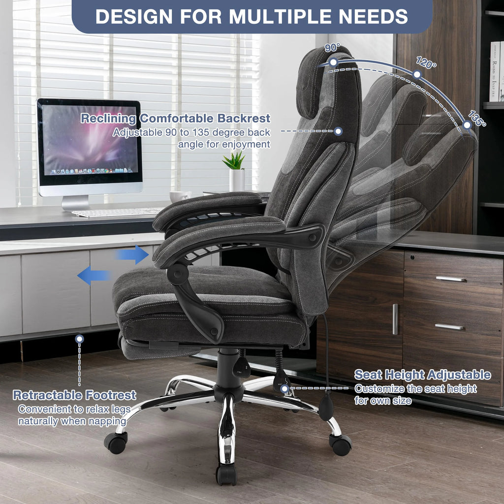 JONPONY Fauteuil de bureau Grande Taille 400lbs, Fauteuils de bureau de direction inclinables avec repose-pieds, Fauteuil de bureau à domicile à dossier haut Accoudoirs épais, Support lombaire ergonomique réglable, RoseBlanc