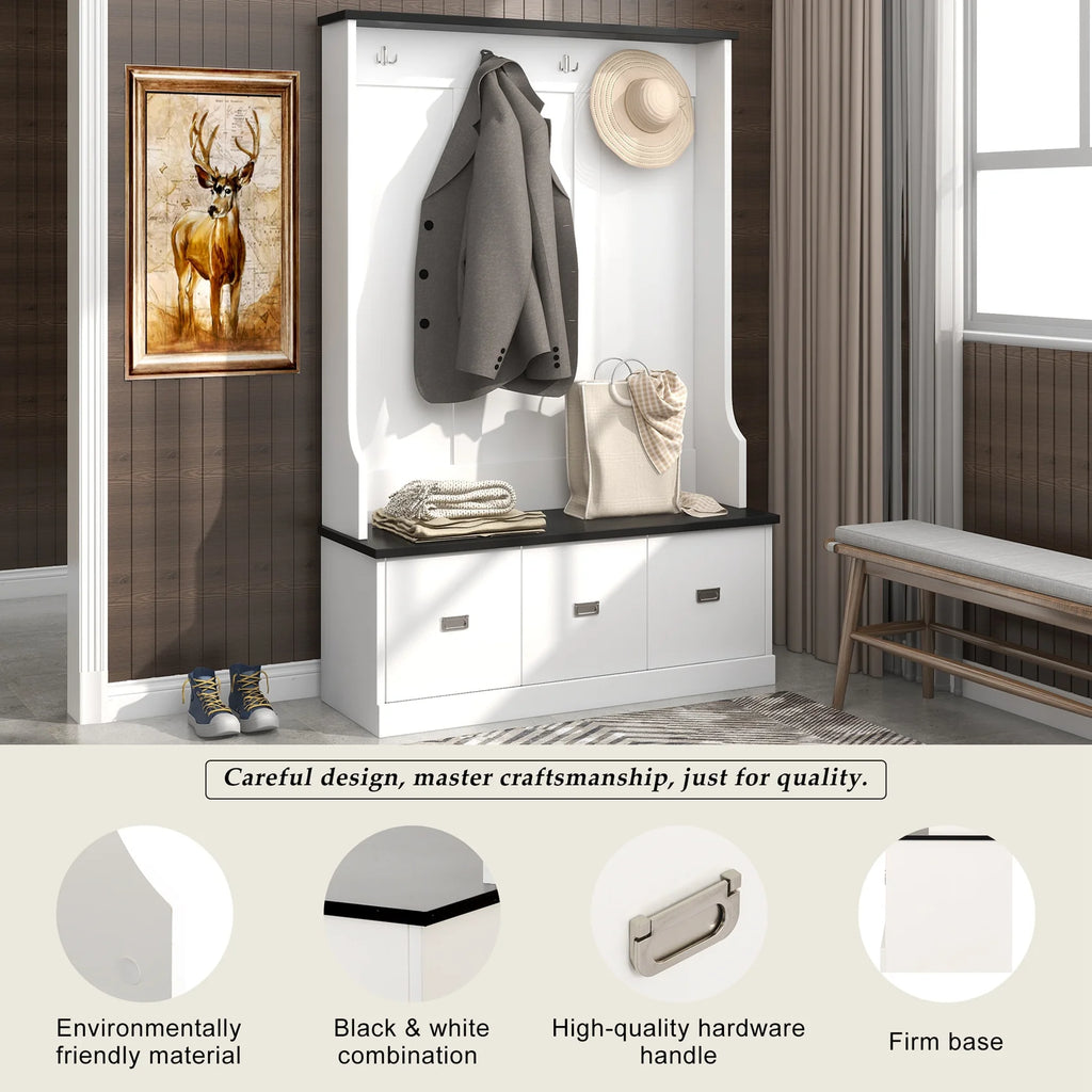 Vestiaire d’entrée avec banc rembourré et patères, banc d’entrée avec 3 crochets, 3 étagères ouvertes, 2 tiroirs et placards de rangement, banc de vestibule avec rangements et crochets pour entrée, vestibule ou couloir (beige)