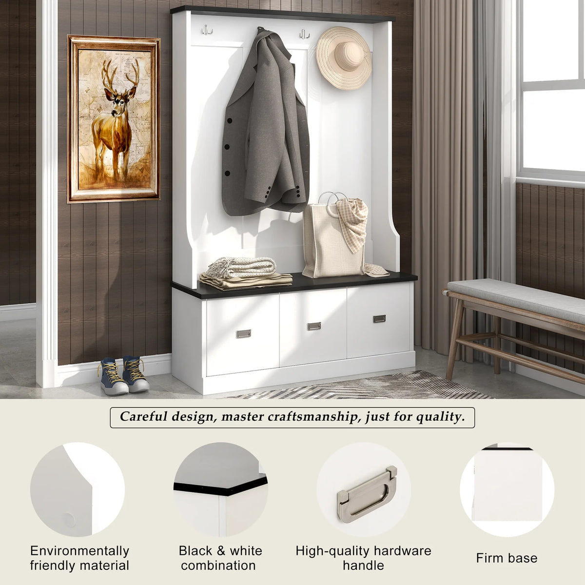Vestiaire d’entrée avec banc rembourré et patères, banc d’entrée avec 3 crochets, 3 étagères ouvertes, 2 tiroirs et placards de rangement, banc de vestibule avec rangements et crochets pour entrée, vestibule ou couloir (beige)