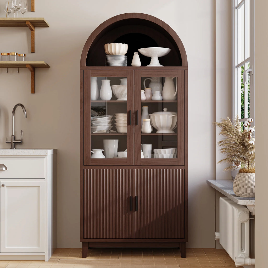 VEANERWOOD 71 Armoire haute cintrée, meuble de rangement de cuisine en bois cannelé avec 4 portes et 6 étagères pour salle à manger et salon