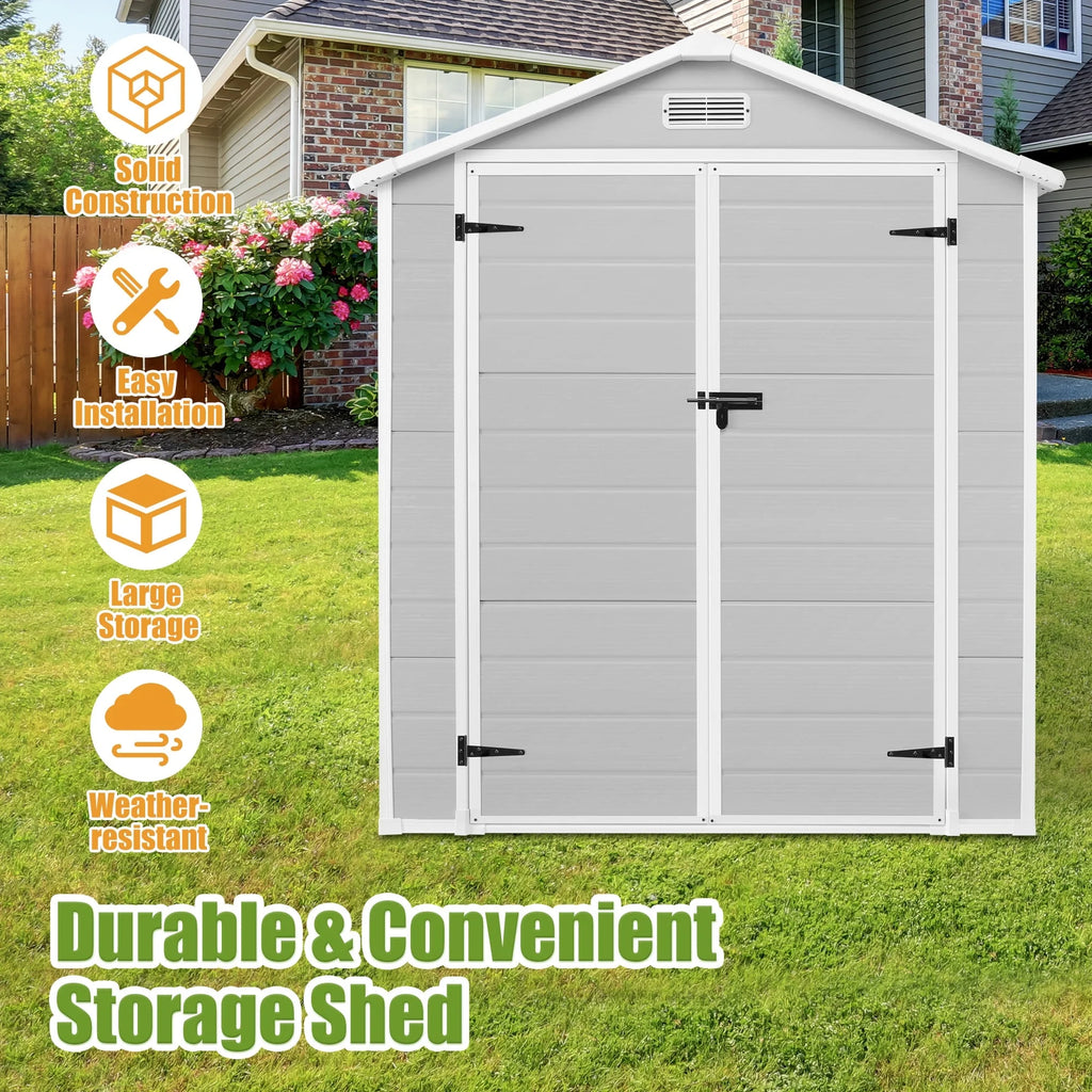 Enyopro Abri de rangement extérieur 6 x 4,4 pi, grand abri utilitaire en résine plastique toutes saisons pour outils avec deux portes verrouillables, pour patio, cour arrière et pelouse, gris
