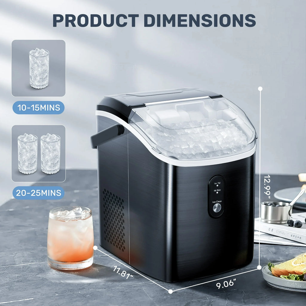Machine à glaçons Auseo SS Nugget de comptoir avec glaçons tendres à mâcher, 35 lbs/24 h, autonettoyante, pelle à glaçons, acier inoxydable argenté, pour cuisine/bureau/fête