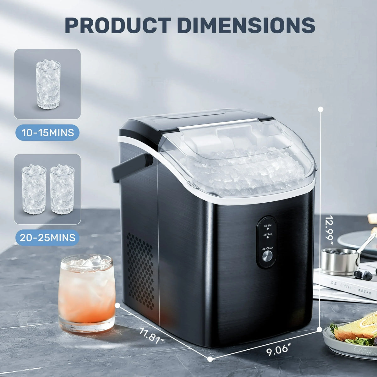 Machine à glaçons Auseo SS Nugget de comptoir avec glaçons tendres à mâcher, 35 lbs/24 h, autonettoyante, pelle à glaçons, acier inoxydable argenté, pour cuisine/bureau/fête