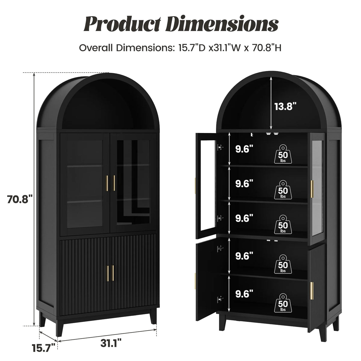 VEANERWOOD 71 Armoire haute cintrée, meuble de rangement de cuisine en bois cannelé avec 4 portes et 6 étagères pour salle à manger et salon