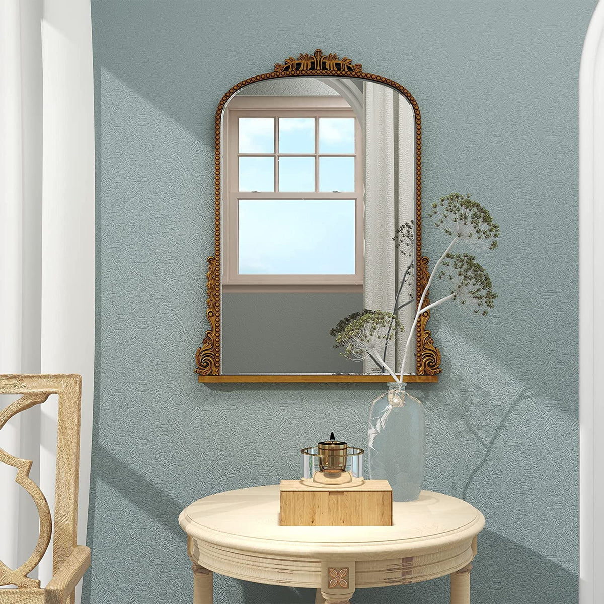 Miroir mural arqué baroque traditionnel, finition or antique, décoration murale pour salon et maison, 31,5 x 23,6 po