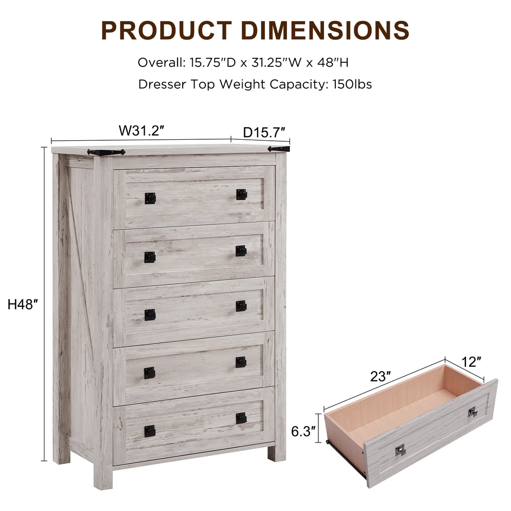 Commode Keywhat Farmhouse à 5 tiroirs pour chambre, meuble de rangement en bois pour salon, blanc antique