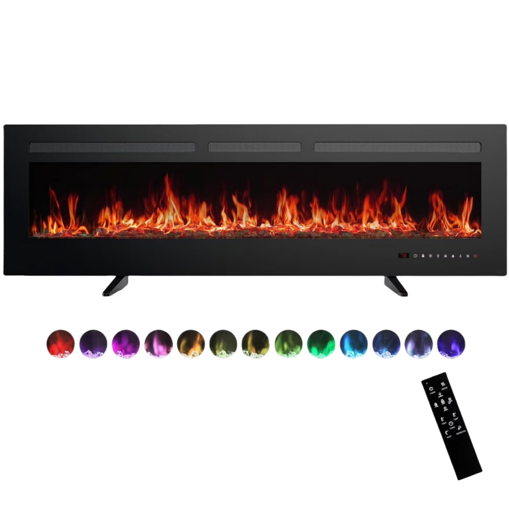 Cheminée électrique 60, cheminée encastrable ultra-fine et murale, cheminée linéaire avec minuterie, télécommande, couleur de flamme réglable, 750 w/1 500 w, noire