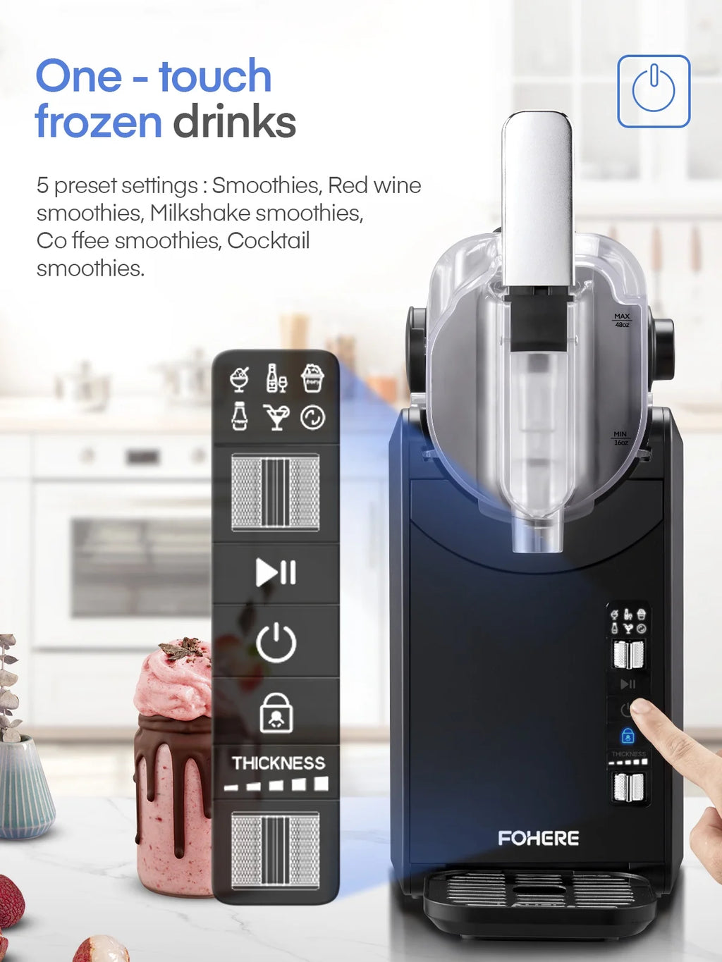 Machine à granité 5-en-1, sans glaçons, en 15 min, pour la maison, avec fonction autonettoyante, machine professionnelle à boissons glacées, 5 programmes prédéfinis, margaritas glacées, frappes, milkshakes et plus encore, FOHERE
