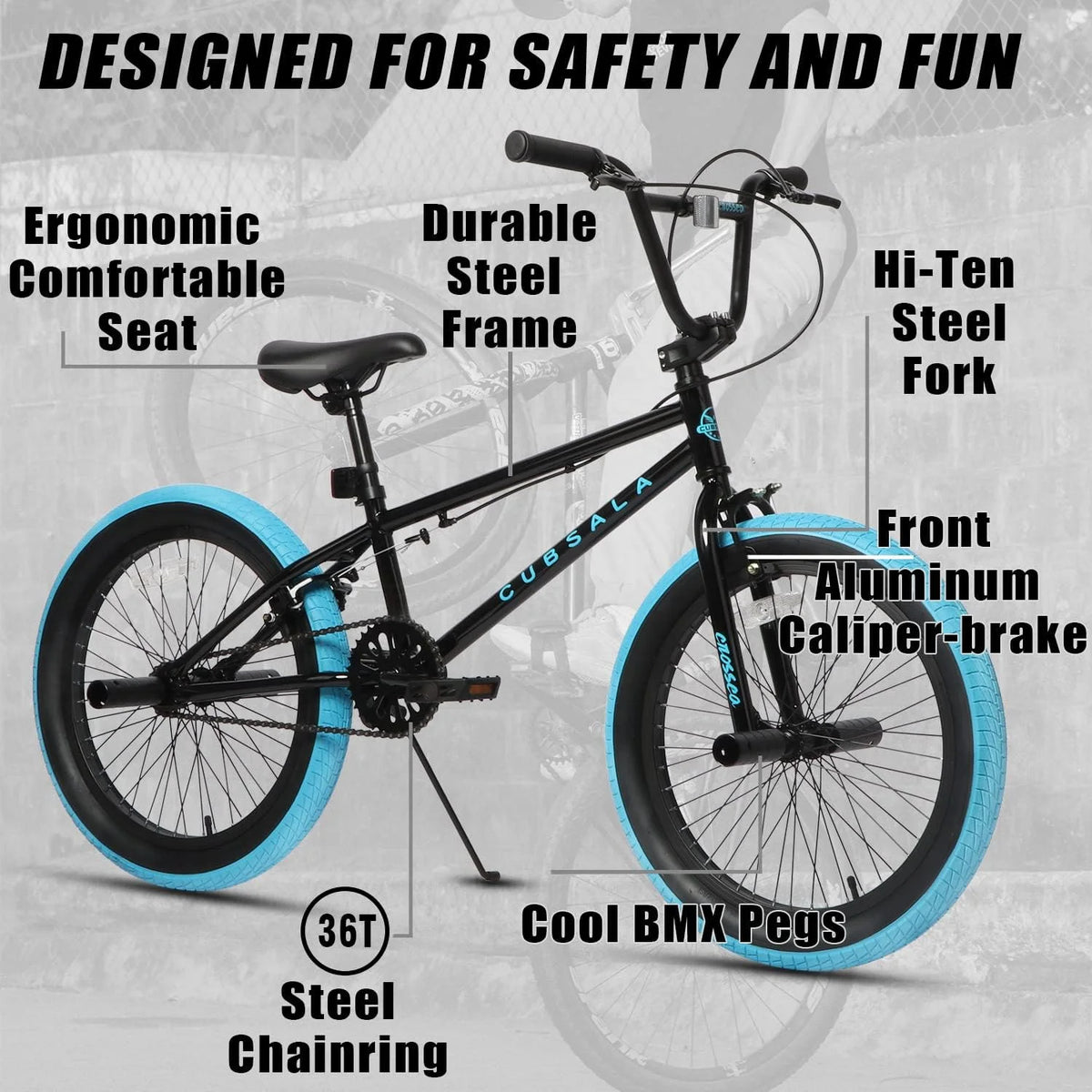 cubsala 20 Vélo BMX Freestyle pour enfants de 6 à 14 ans, garçons et filles, avec 4 cales, noir avec pneus rouges