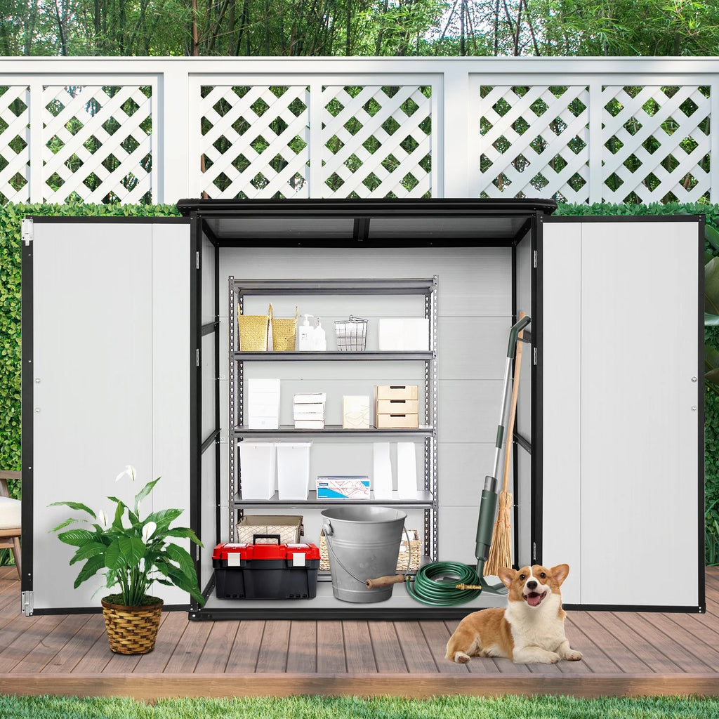 Enyopro Abri de rangement extérieur 6 x 4,4 pi, grand abri utilitaire en résine plastique toutes saisons pour outils avec deux portes verrouillables, pour patio, cour arrière et pelouse, gris