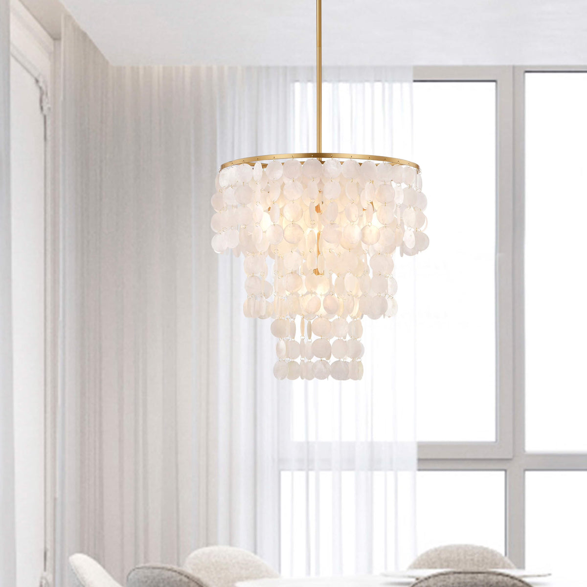Lustre Paula de The Lighting Store à 4 lumières, finition bronze brillant avec coquillage blanc naturel - 20,5 pouces de diamètre x 21,7 pouces de hauteur
