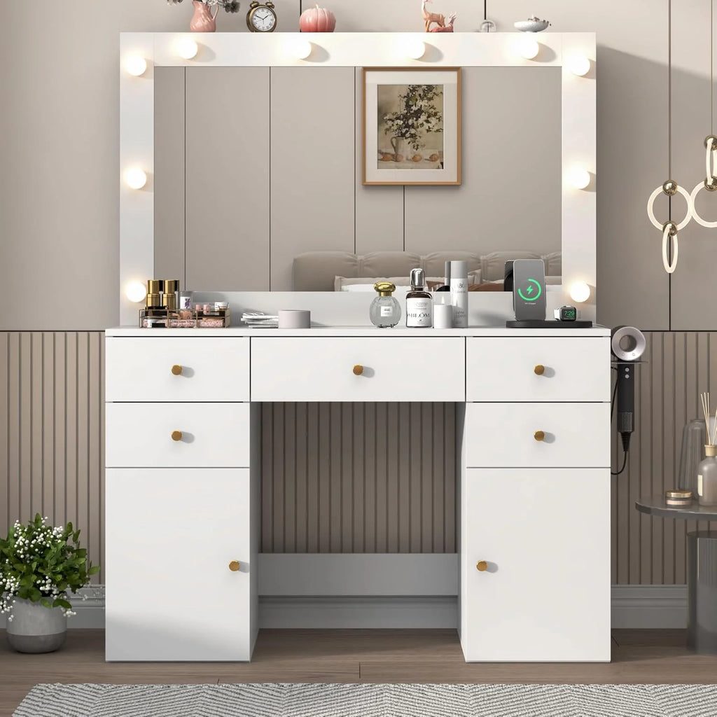 Coiffeuse blanche avec grand miroir lumineux et prise électrique, table de maquillage avec plateau en verre et tiroirs, rangement coulissant, grande coiffeuse de maquillage de 44,1 pour femmes et filles, blanche