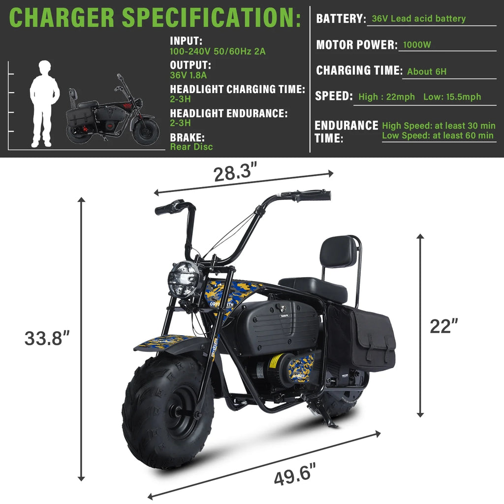 Mini-moto électrique tout-terrain Oryxearth 36 V 1 000 W pour adultes, réservoir de 0,47 gal, vitesse maximale de 21,8 mi/h, camouflage