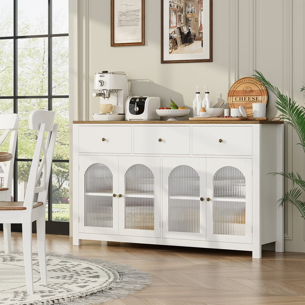 Homfa Grand buffet de 55'', meuble de rangement de cuisine avec 3 tiroirs et 4 portes vitrées, meuble bar en bois pour salon, blanc