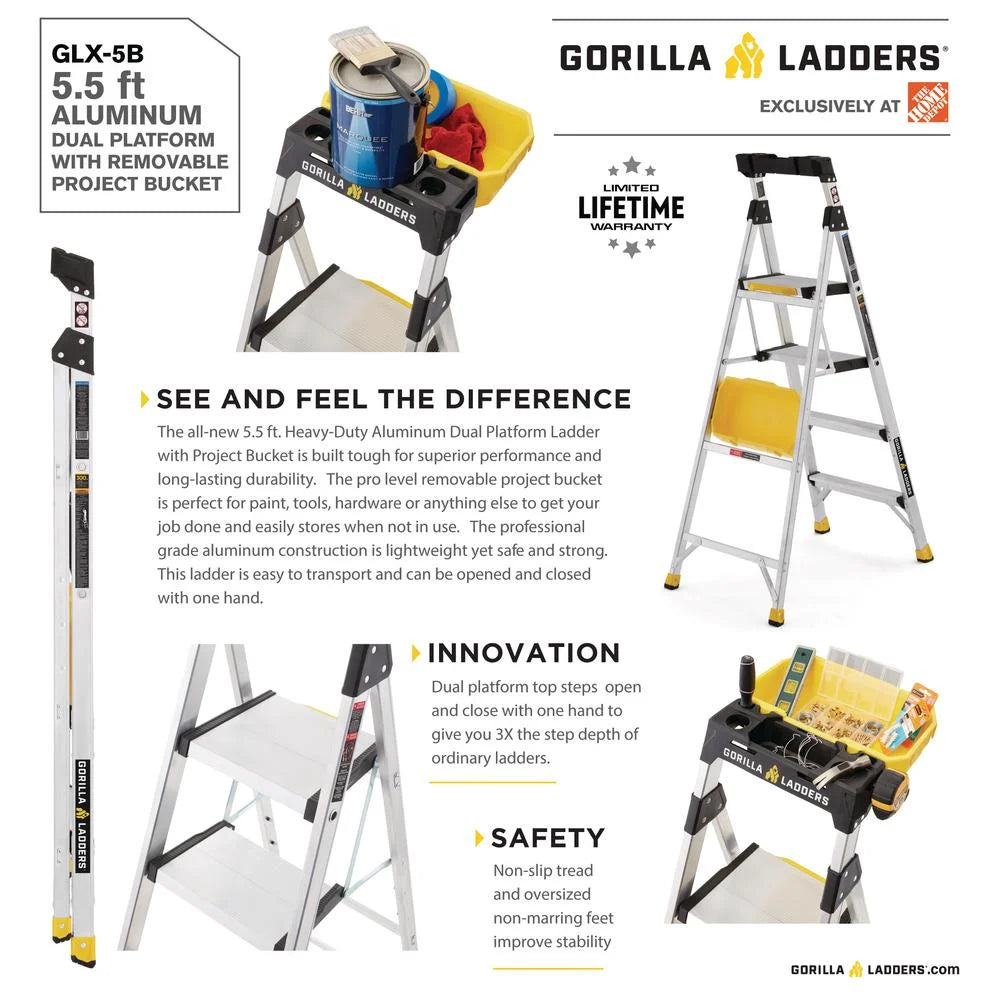 Échelle Gorilla Ladders robuste à double plateforme amovible avec seau de chantier, 5,5 pi, aluminium, multicolore