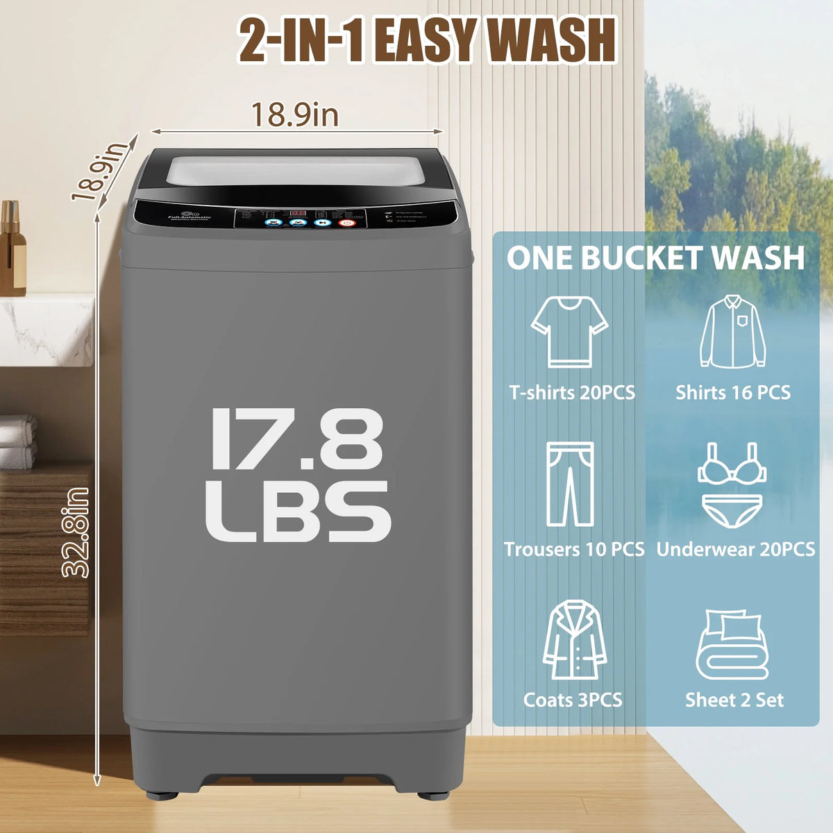 Veeboto Lave-linge entièrement automatique de 17,8 lb, lave-linge compact avec pompe de vidage, moteur puissant, lavage rapide en 20 min, affichage LED, combiné lave-linge et sèche-linge silencieux pour appartement, dortoir et maison