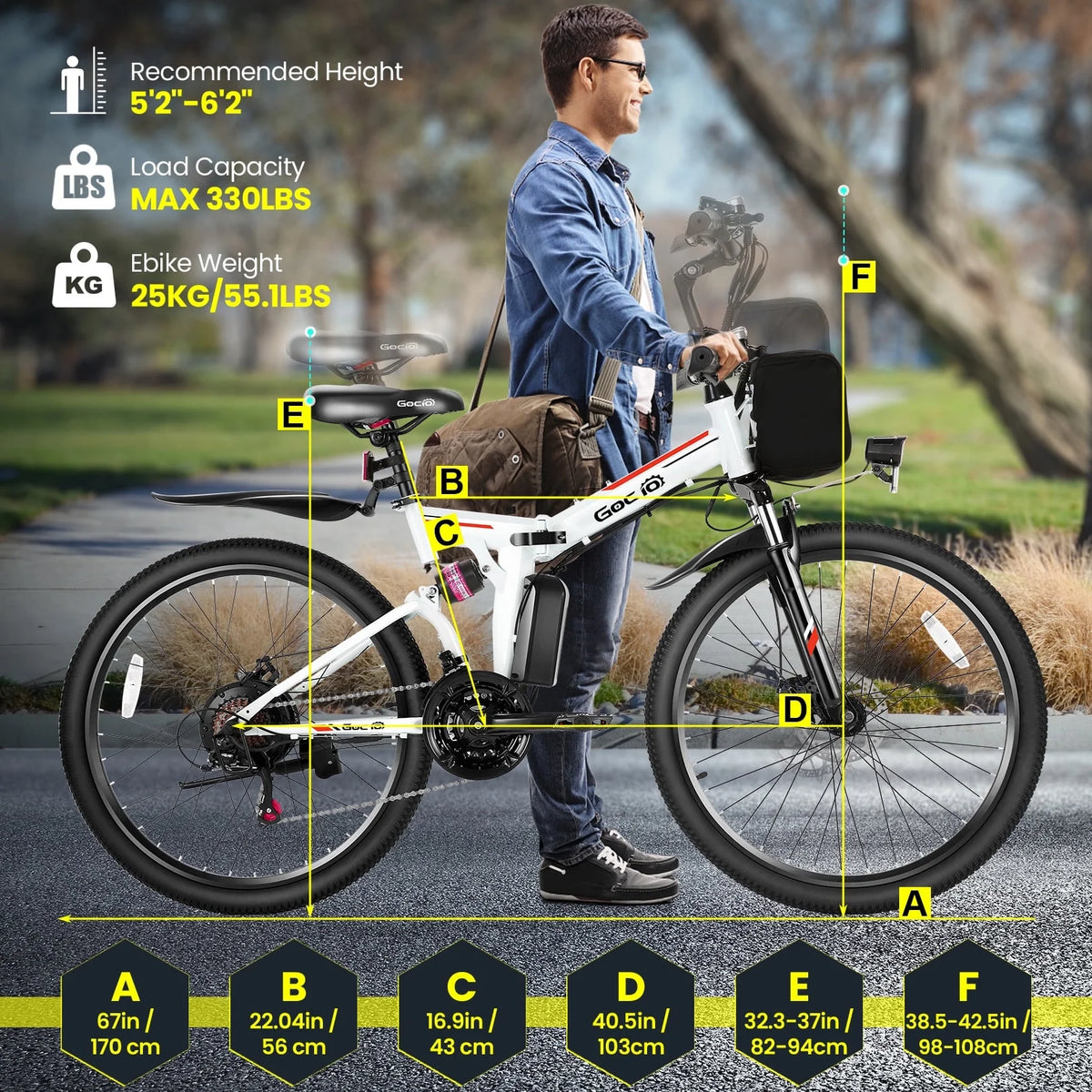 Vélo électrique pliant Gocio 26 pour adultes, VTT électrique 500W, Double amortisseur, Batterie 48V 7,8Ah, Shimano 21 vitesses, UL2849