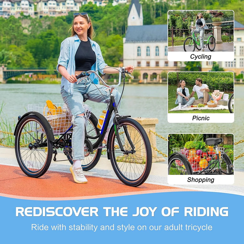 Tricycles pour adultes MOONCOOL avec panier arrière et pompe à pied, vélos à 3 roues 7 vitesses de 24 et 26 pouces, vélo à trois roues pour adultes avec dossier pour seniors, femmes et hommes