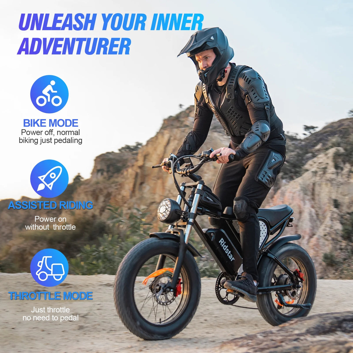 Vélo électrique Ridstar pour adultes, 1200 W, 32 mi/h, moto tout-terrain électrique 48 V 20 Ah, vélo de montagne à pneus larges de 20 pouces et 7 vitesses, UL2849