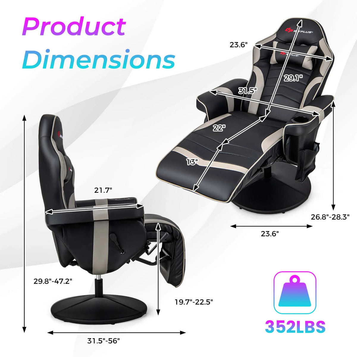 Fauteuil gaming inclinable Goplus avec massage, réglable en hauteur, pivotant, style racing, avec porte-gobelet, rouge