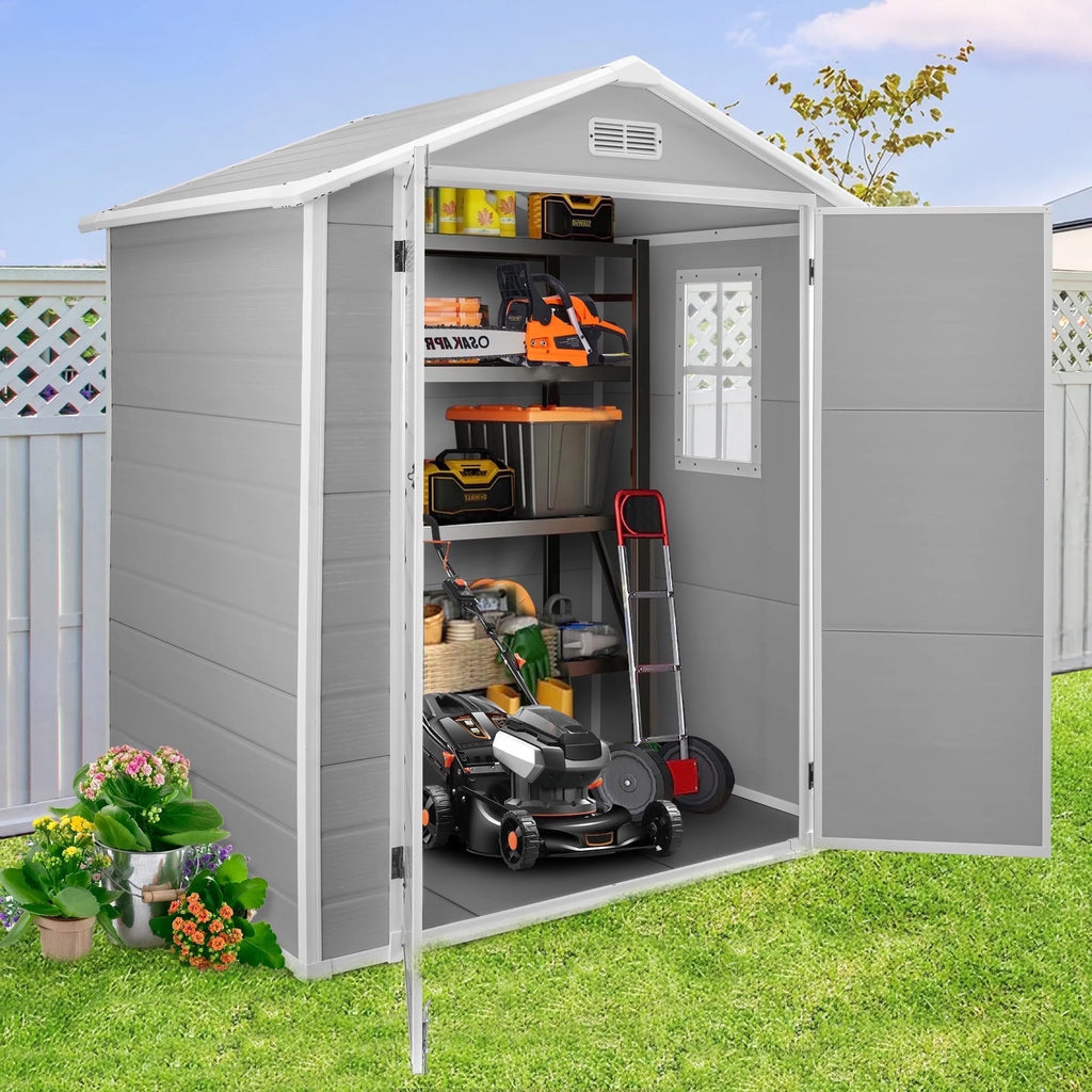 Enyopro Abri de rangement extérieur 6 x 4,4 pi, grand abri utilitaire en résine plastique toutes saisons pour outils avec deux portes verrouillables, pour patio, cour arrière et pelouse, gris