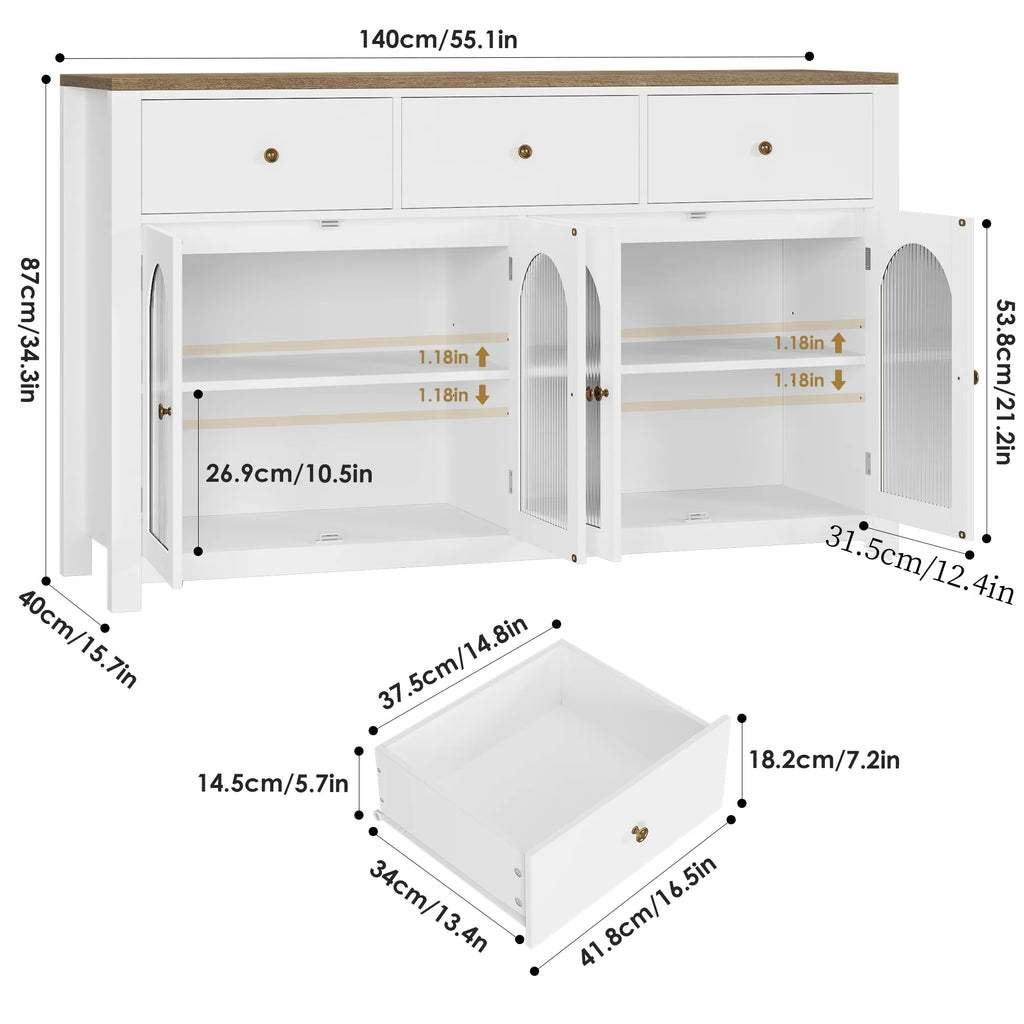 Homfa Grand buffet de 55'', meuble de rangement de cuisine avec 3 tiroirs et 4 portes vitrées, meuble bar en bois pour salon, blanc