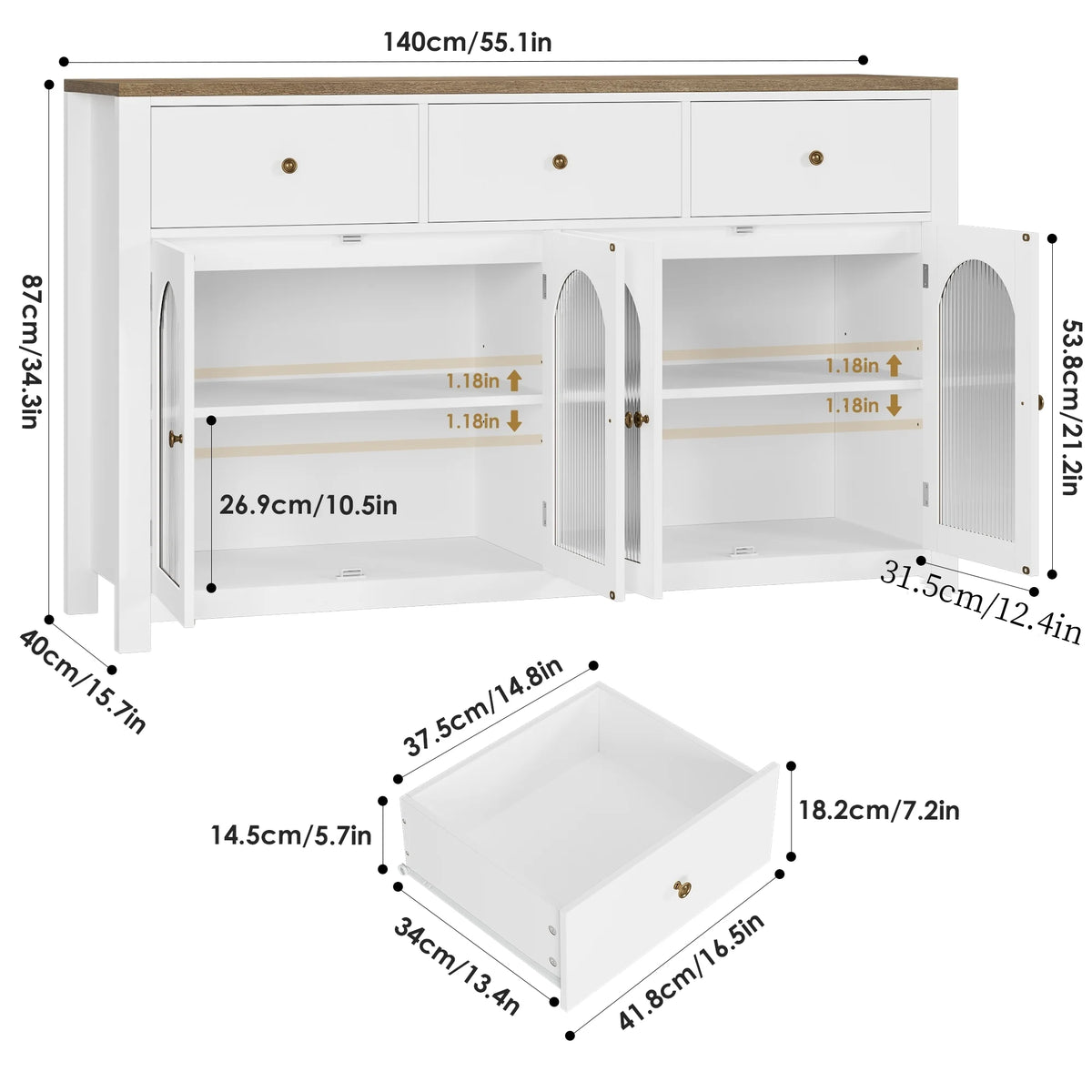 Homfa Grand buffet de 55'', meuble de rangement de cuisine avec 3 tiroirs et 4 portes vitrées, meuble bar en bois pour salon, blanc