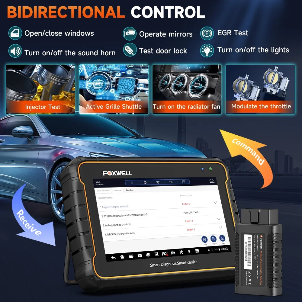 Scanner OBD2 Bluetooth Foxwell GT60, outil de diagnostic automobile pour tous les systèmes, 24 fonctions d’entretien, lecteur de codes défauts et outil de purge ABS