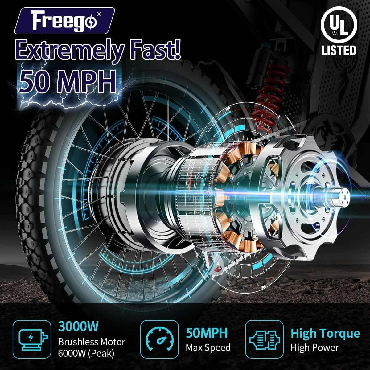 Moteur 6000W(Crête) Batterie 60V/35Ah, Moto électrique Freego X2Pro pour adultes, Vélo électrique  50MPH/7 Vitesses Vélo électrique tout-terrain, Suspension intégrale 19x2/Frein hydraulique à quatre pistons UL2849MTB