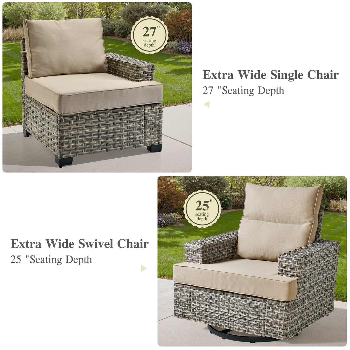 Ovios Salon de jardin modulable moderne en résine tressée toutes saisons à dossier haut, 10 pièces, avec table brasero au propane et fauteuil pivotant, gris foncé