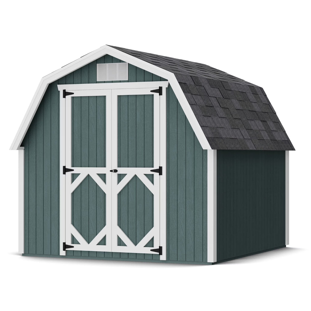 Little Cottage Co. Grange classique à toit brisé 8x8 avec murs latéraux de 4 pi, Abri de rangement extérieur en bois, Kit pré-découpé à monter soi-même