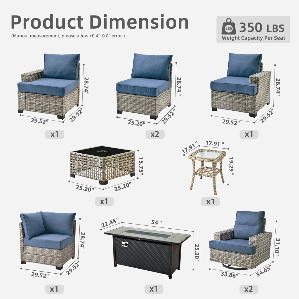 Ovios Salon de jardin modulable moderne en résine tressée toutes saisons à dossier haut, 10 pièces, avec table brasero au propane et fauteuil pivotant, gris foncé