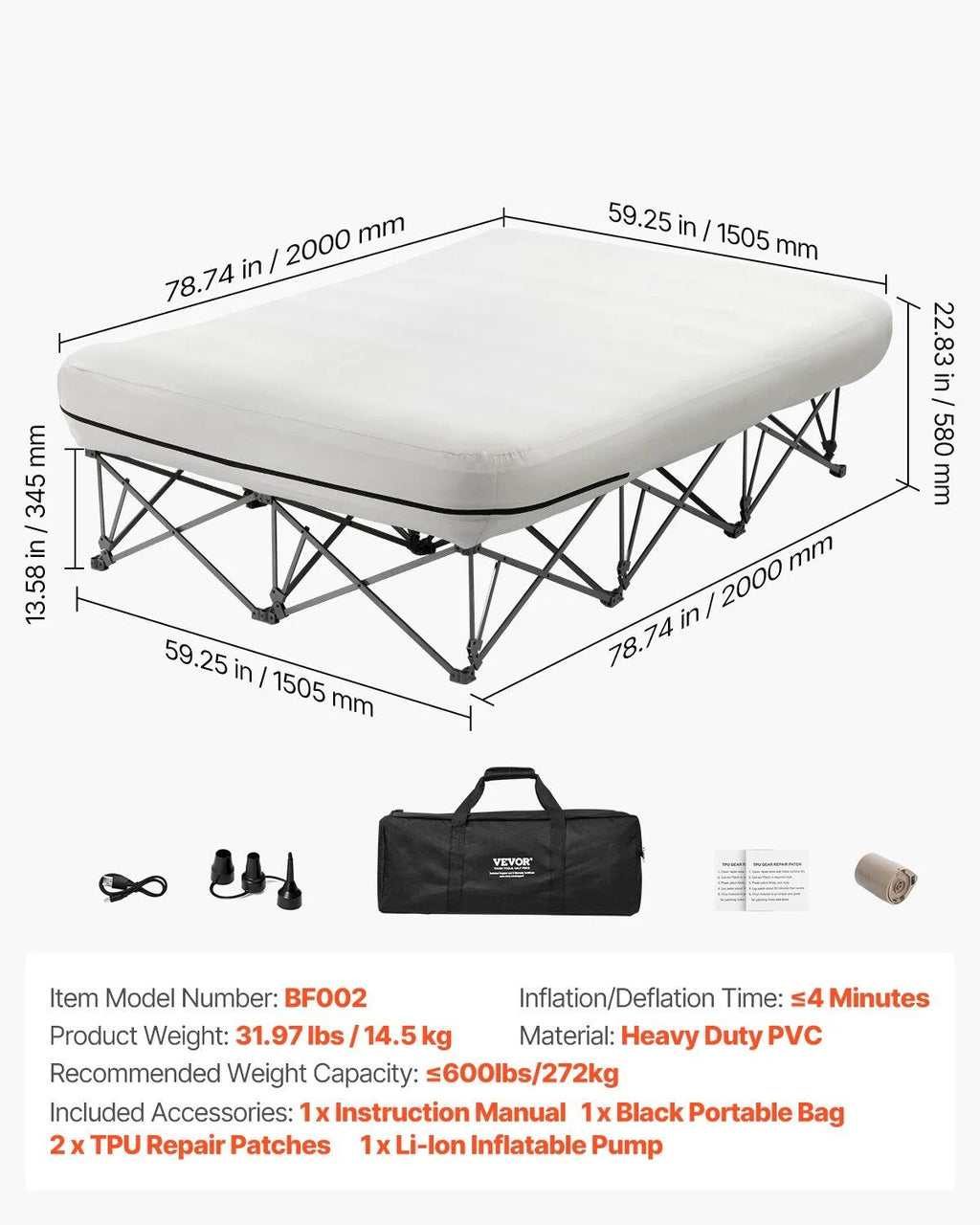 Matelas gonflable Queen avec cadre et pompe intégrée ¨C Matelas gonflable pour 2 personnes pour le camping, supporte 600 lbs ¨C Lit gonflable surélevé pour les invités, les voyages et un usage domestique ¨C Gonflage/dégonflage rapide