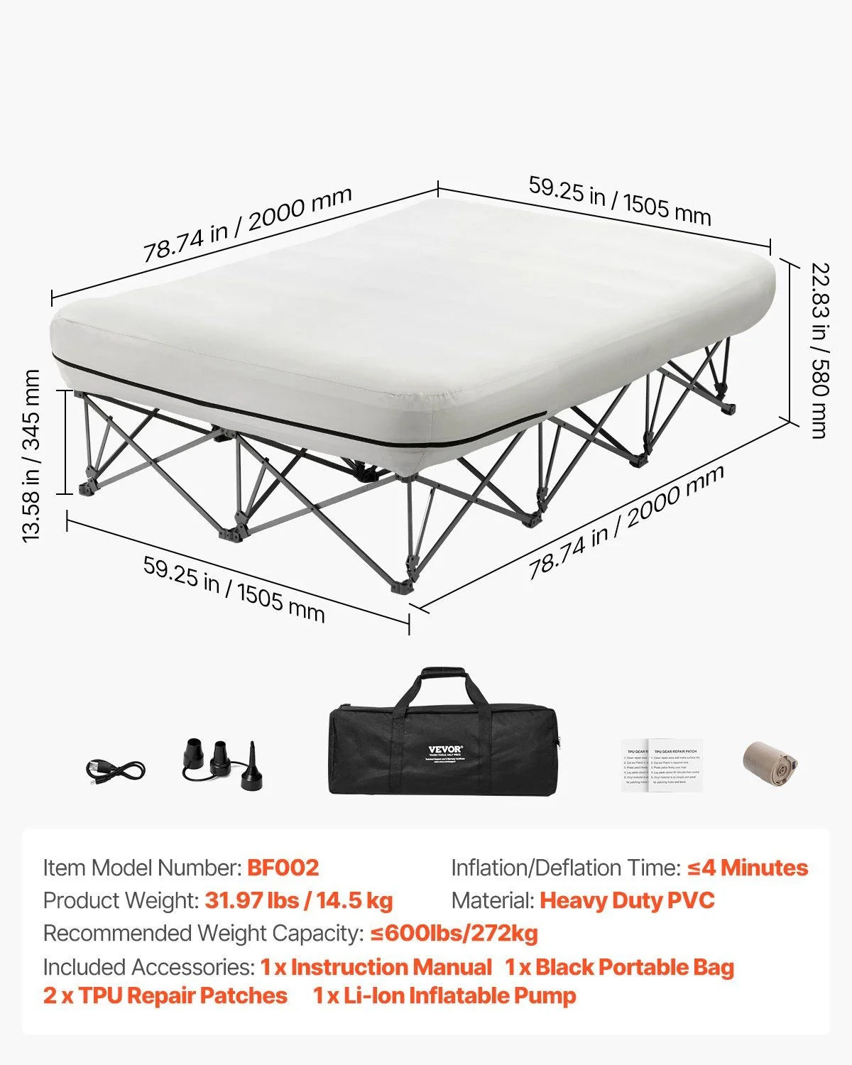 Matelas gonflable Queen avec cadre et pompe intégrée ¨C Matelas gonflable pour 2 personnes pour le camping, supporte 600 lbs ¨C Lit gonflable surélevé pour les invités, les voyages et un usage domestique ¨C Gonflage/dégonflage rapide