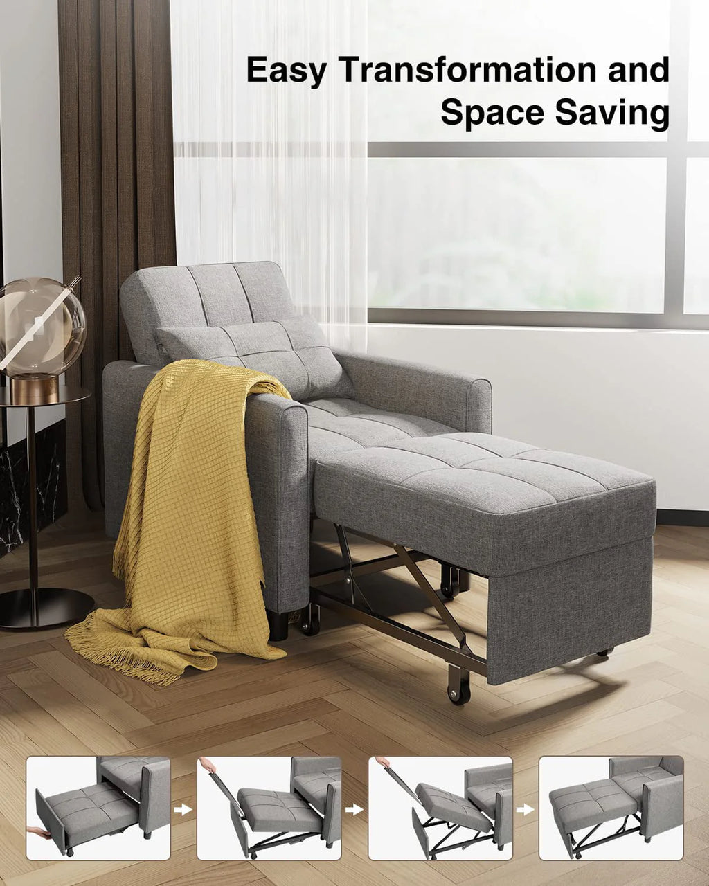 Fauteuil convertible Lofka, canapé-lit inclinable, lit une place pour salon/bureau/chambre, gris clair