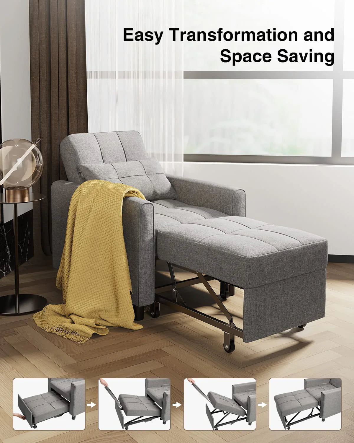 Fauteuil convertible Lofka, canapé-lit inclinable, lit une place pour salon/bureau/chambre, gris clair