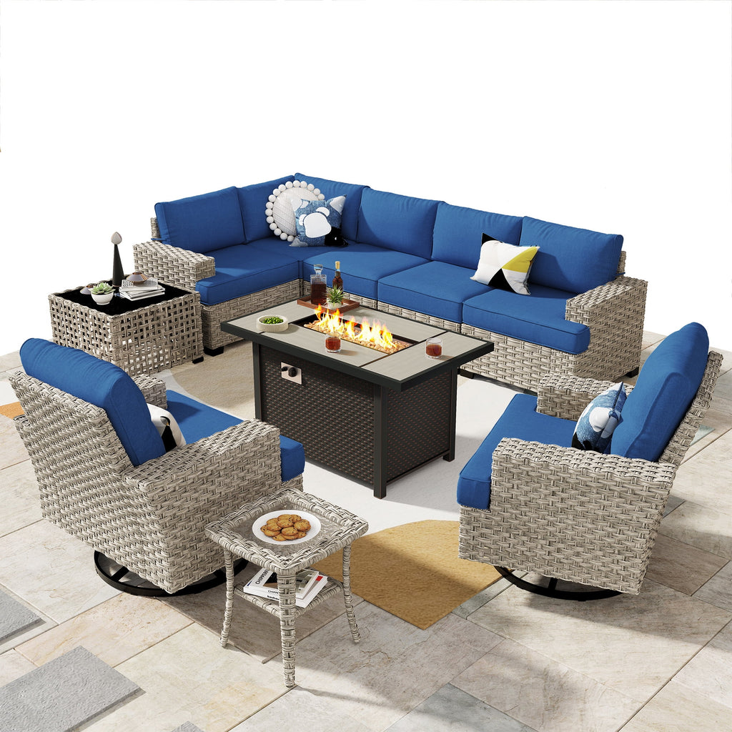 Ovios Salon de jardin modulable moderne en résine tressée toutes saisons à dossier haut, 10 pièces, avec table brasero au propane et fauteuil pivotant, gris foncé