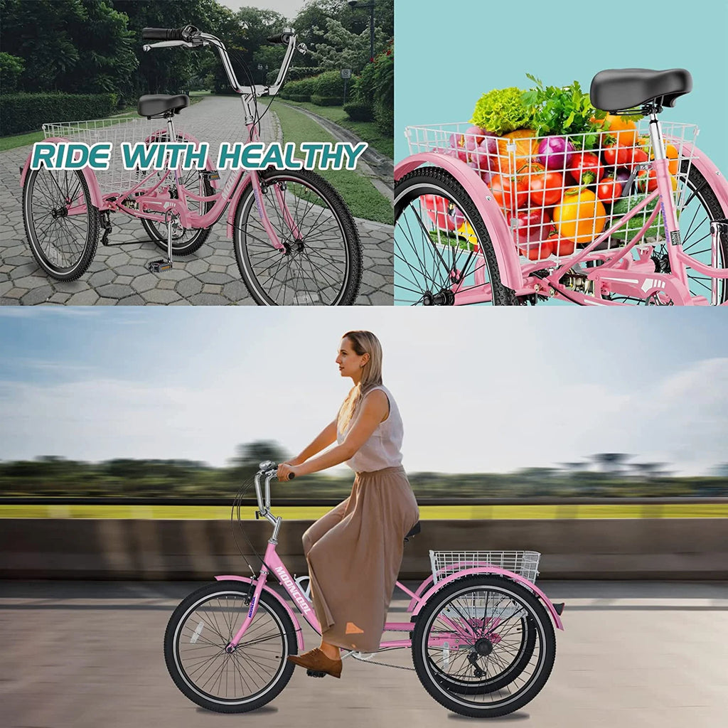 Tricycles pour adultes MOONCOOL avec panier arrière et pompe à pied, vélos à 3 roues 7 vitesses de 24 et 26 pouces, vélo à trois roues pour adultes avec dossier pour seniors, femmes et hommes