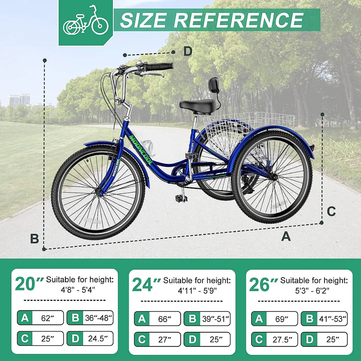 Tricycles pour adultes MOONCOOL avec panier arrière et pompe à pied, vélos à 3 roues 7 vitesses de 24 et 26 pouces, vélo à trois roues pour adultes avec dossier pour seniors, femmes et hommes