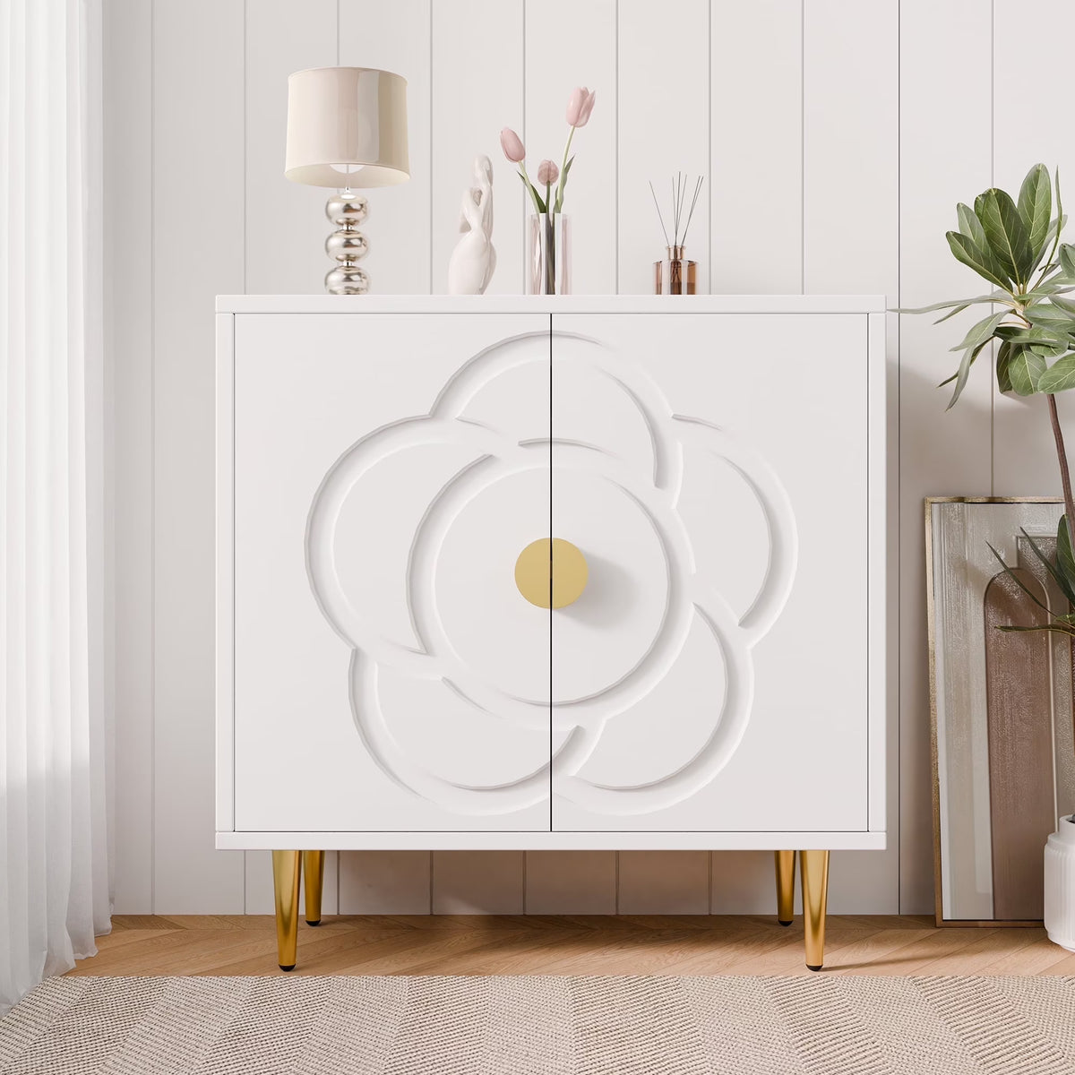 Buffet moderne Tolead avec panneau à motif floral, 6 étagères, blanc