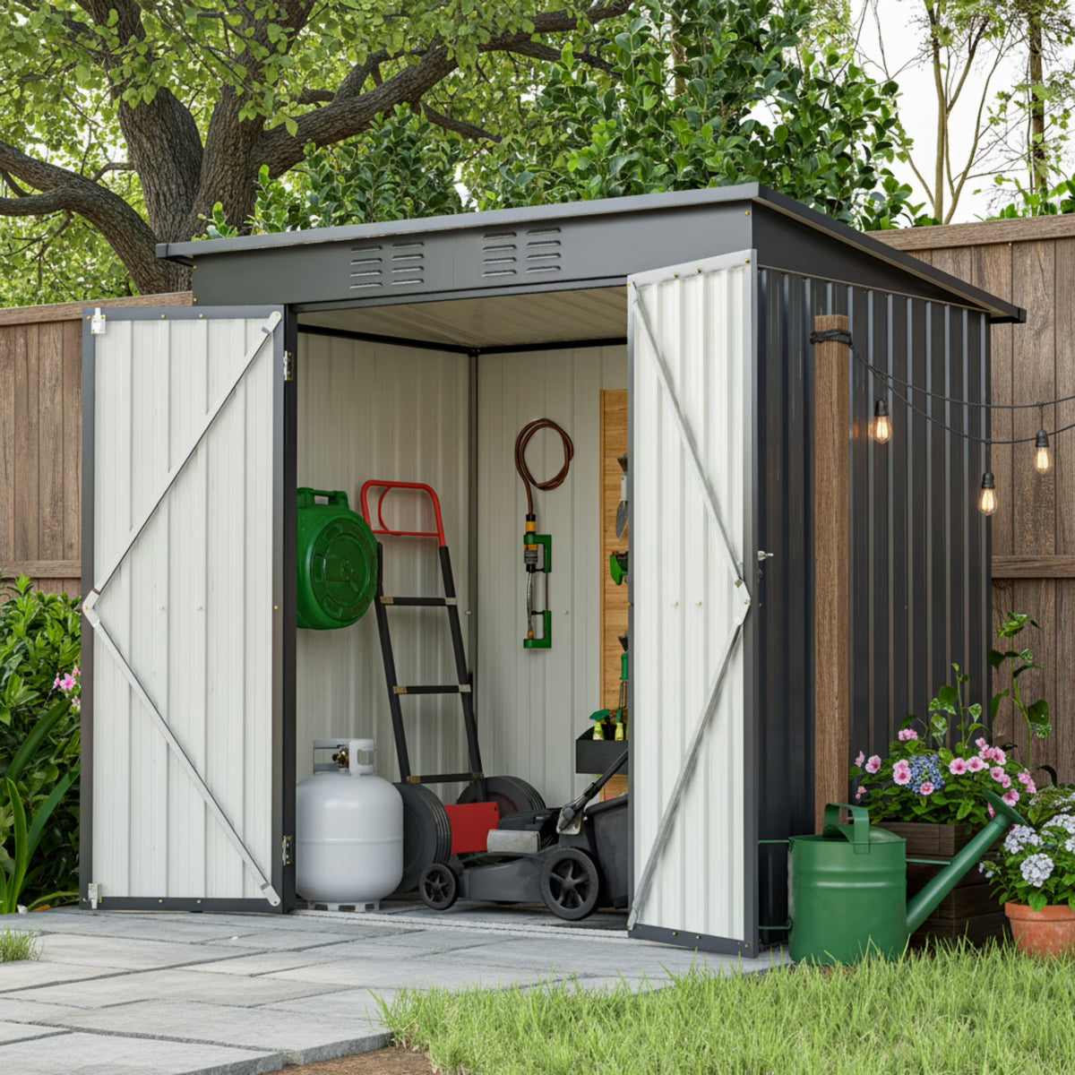 Abri de rangement extérieur de 6 x 4 pi avec cadre de plancher, abri de rangement extérieur avec porte verrouillable, abri pour outils de jardin toutes saisons avec grille d’aération pour maison, cour arrière, terrasse et pelouse, noir