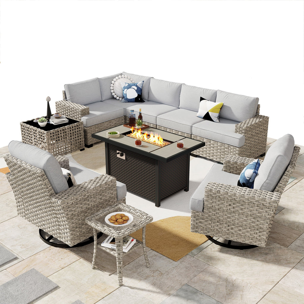 Ovios Salon de jardin modulable moderne en résine tressée toutes saisons à dossier haut, 10 pièces, avec table brasero au propane et fauteuil pivotant, gris foncé