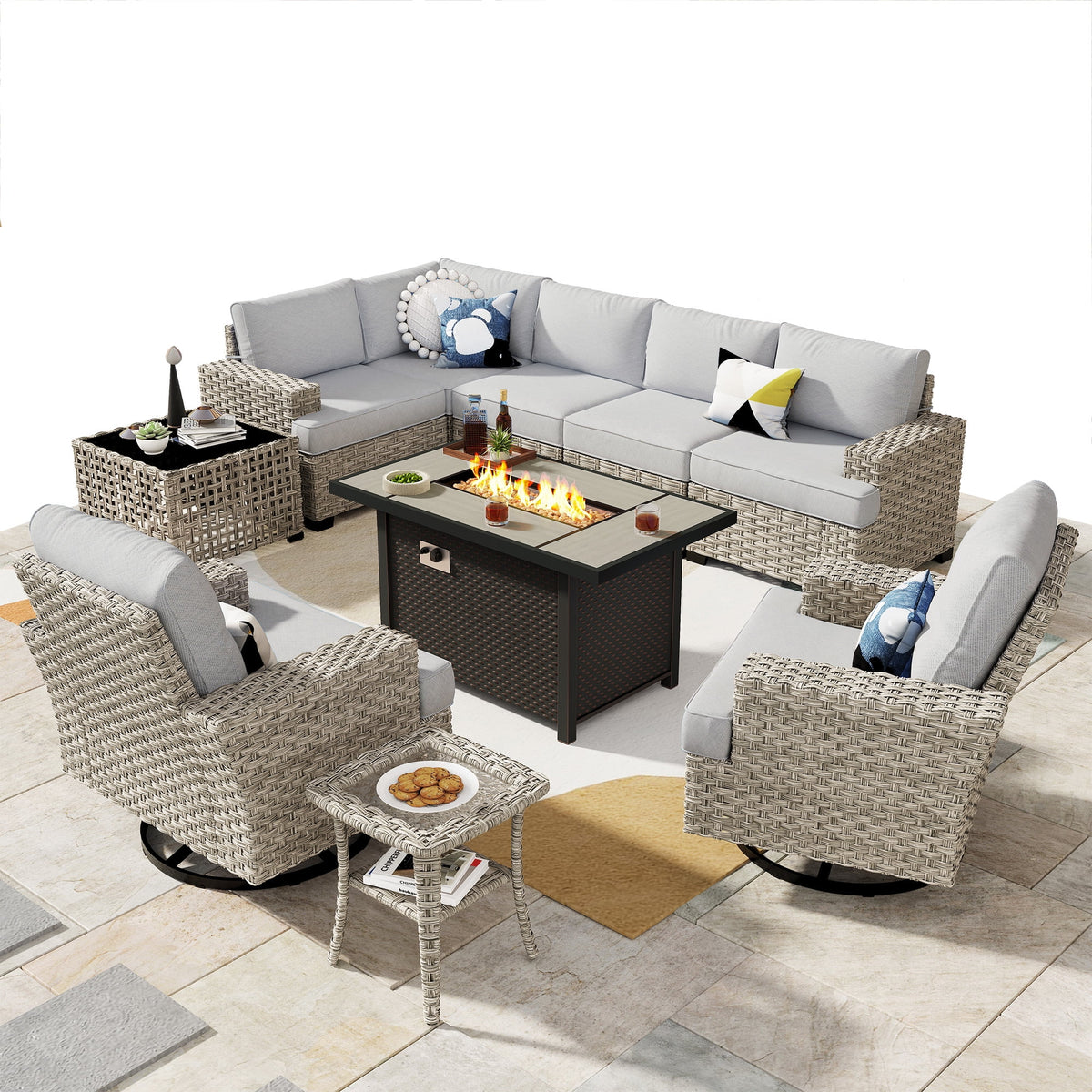 Ovios Salon de jardin modulable moderne en résine tressée toutes saisons à dossier haut, 10 pièces, avec table brasero au propane et fauteuil pivotant, gris foncé